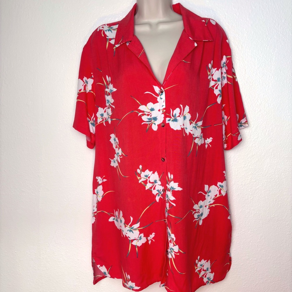 Volcom Retro Resort Hawaiian Tunic Dress Floral Pockets Short Sleeve Womens Sz L
